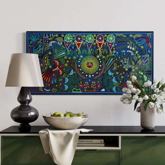 "LUZ DEL SOL Y VISION DEL VENADO" AHCT6012062 - TATEHUARI, arte huichol