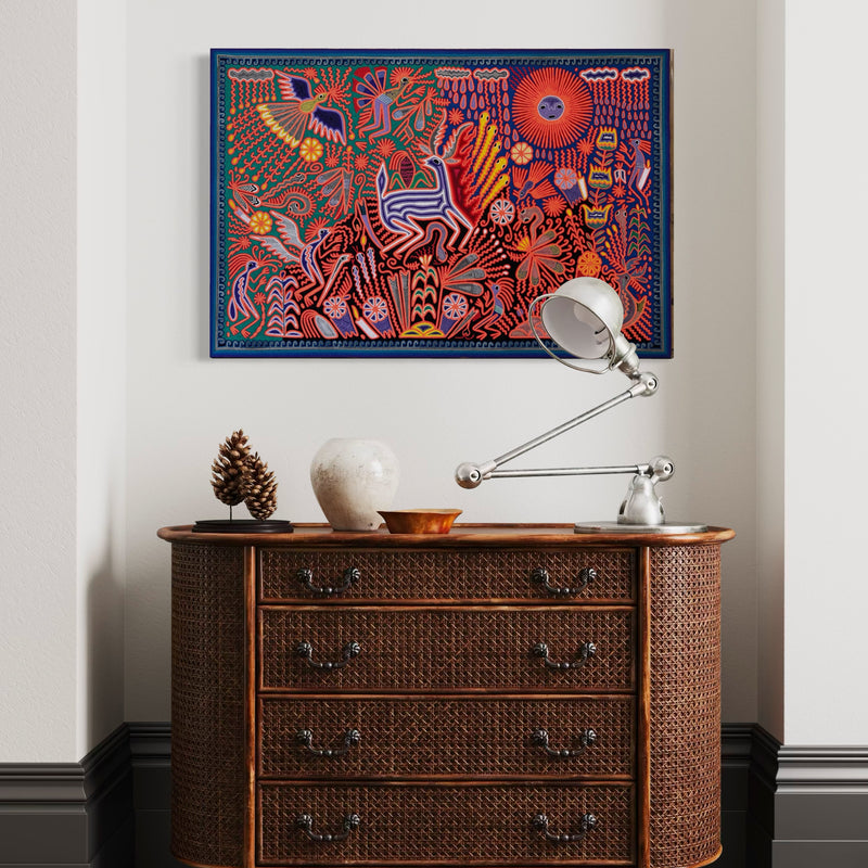 "EL CANTO DEL VENADO BAJO EL SOL Y LA LLUVIA" AHCT8012096 - TATEHUARI, arte huichol