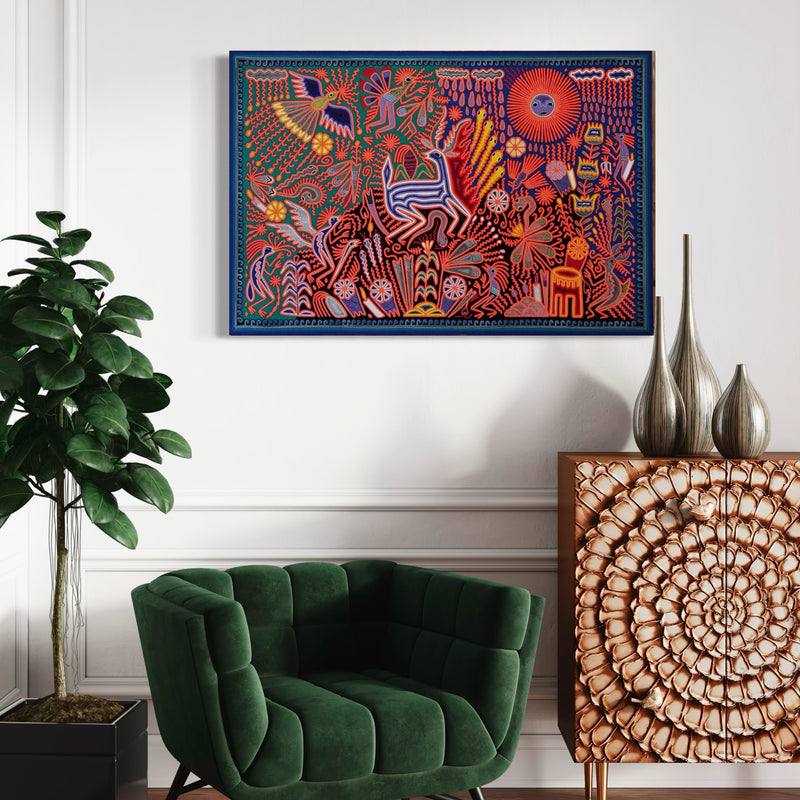 "EL CANTO DEL VENADO BAJO EL SOL Y LA LLUVIA" AHCT8012096 - TATEHUARI, arte huichol
