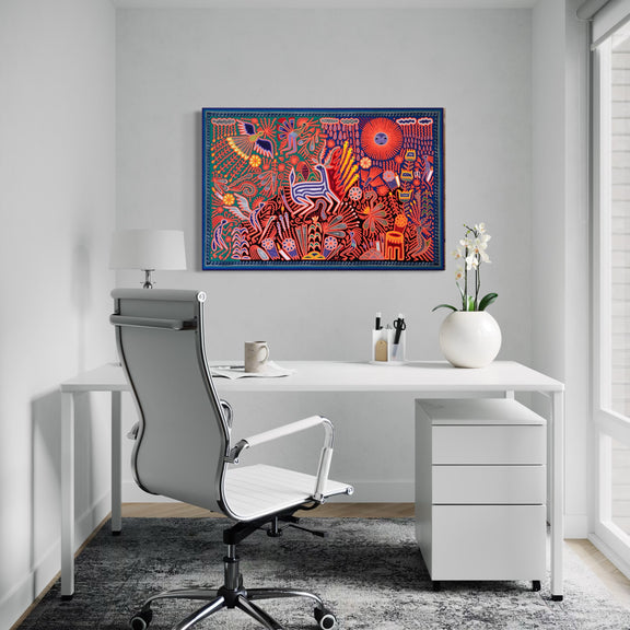 "EL CANTO DEL VENADO BAJO EL SOL Y LA LLUVIA" AHCT8012096 - TATEHUARI, arte huichol
