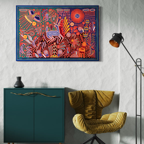 "EL CANTO DEL VENADO BAJO EL SOL Y LA LLUVIA" AHCT8012096 - TATEHUARI, arte huichol