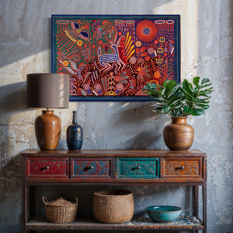 "EL CANTO DEL VENADO BAJO EL SOL Y LA LLUVIA" AHCT8012096 - TATEHUARI, arte huichol