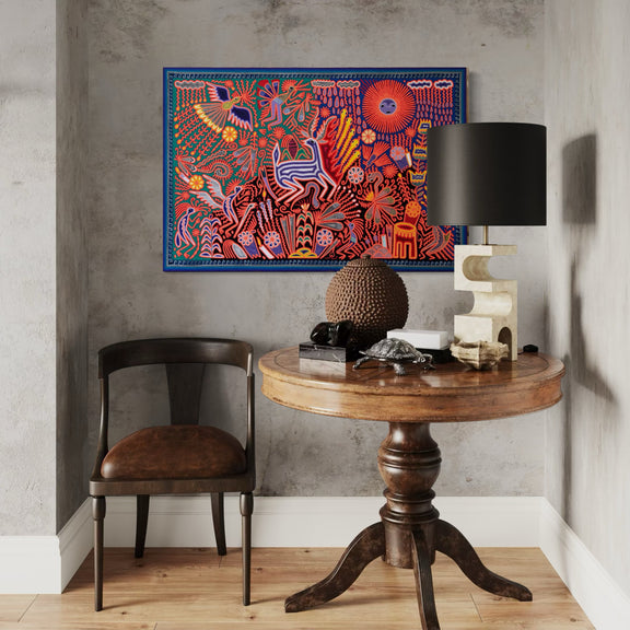 "EL CANTO DEL VENADO BAJO EL SOL Y LA LLUVIA" AHCT8012096 - TATEHUARI, arte huichol