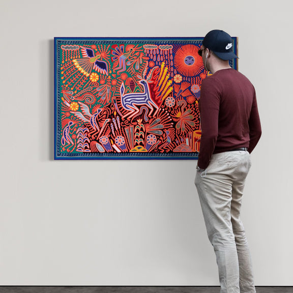 "EL CANTO DEL VENADO BAJO EL SOL Y LA LLUVIA" AHCT8012096 - TATEHUARI, arte huichol