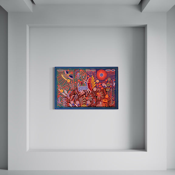 "EL CANTO DEL VENADO BAJO EL SOL Y LA LLUVIA" AHCT8012096 - TATEHUARI, arte huichol