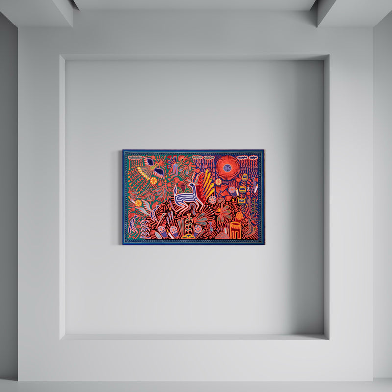 "EL CANTO DEL VENADO BAJO EL SOL Y LA LLUVIA" AHCT8012096 - TATEHUARI, arte huichol