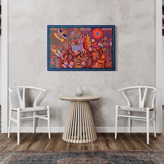 "EL CANTO DEL VENADO BAJO EL SOL Y LA LLUVIA" AHCT8012096 - TATEHUARI, arte huichol