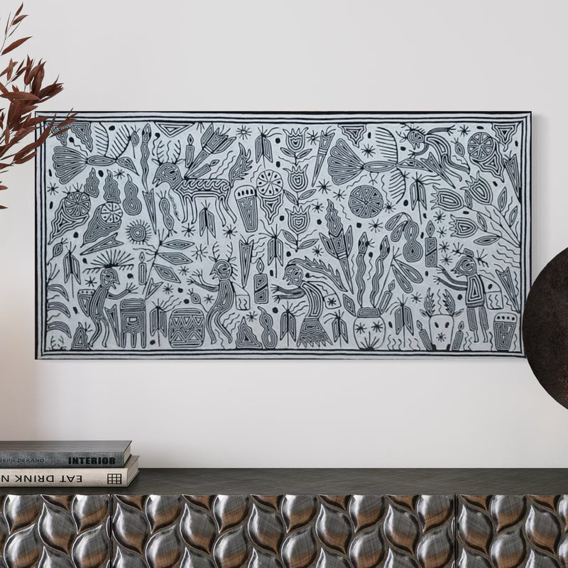 "LA VISION SAGRADA EN BLANCO Y NEGRO" AHCT6012063 - TATEHUARI, arte huichol