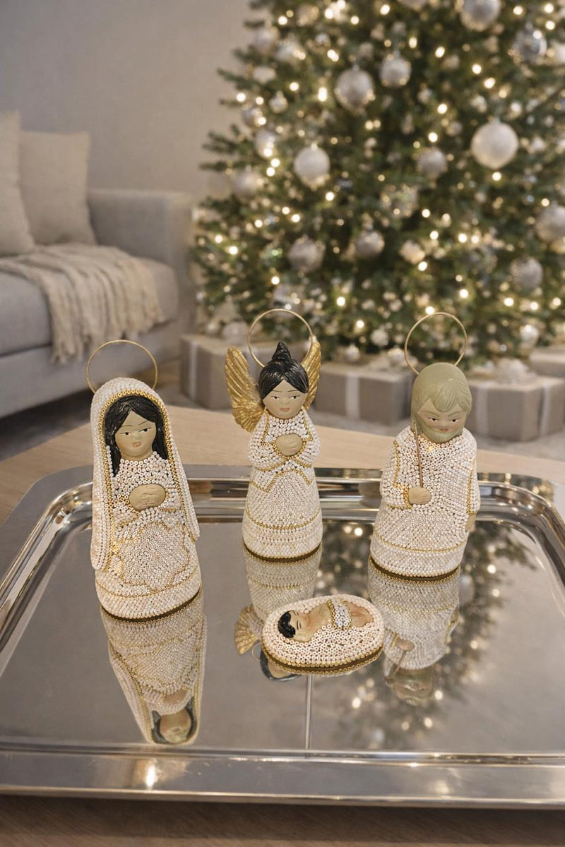 Nacimiento de navidad Grande Colores Beige Dorado NACGRAND03 - TATEHUARI, arte huichol