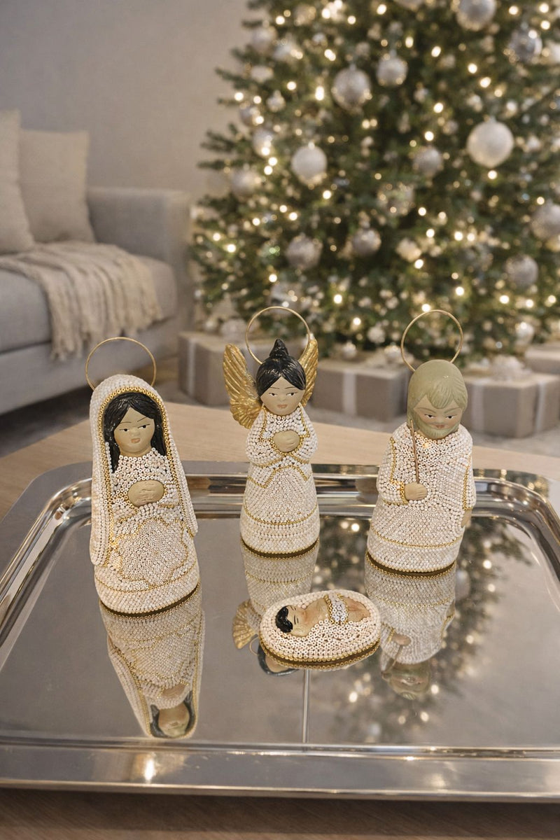 Nacimiento de navidad Grande Colores Beige Dorado NACGRAND03 - TATEHUARI, arte huichol