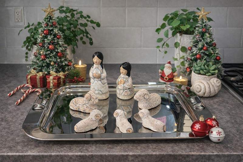 Nacimiento de navidad Grande Colores Beige Plata NACGRAND04 - TATEHUARI, arte huichol